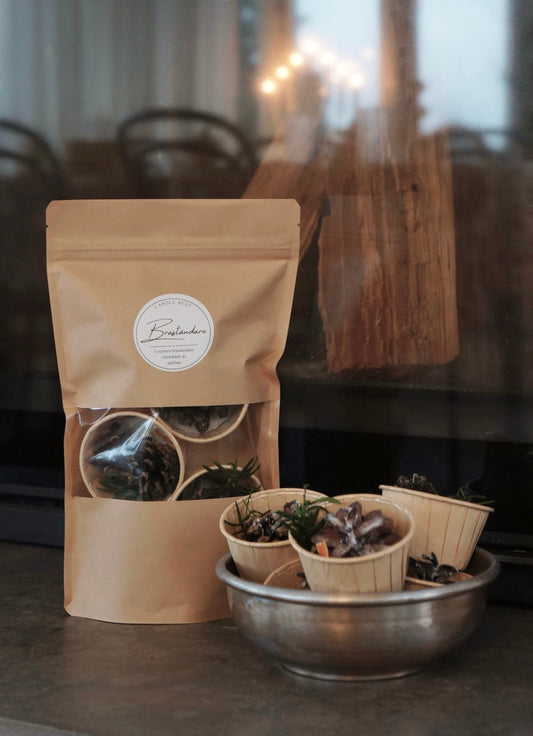 En kraftpapperspåse innehållandes, fem stycken braständare står framför en braskamin. Bredvid påsen står en skål med fem braständare placerade i. Braständarna är gjorda av en beige muffinsformar av kraftpapper. I formen syns en kotte, en liten kvist av thuja samt guldglitter.