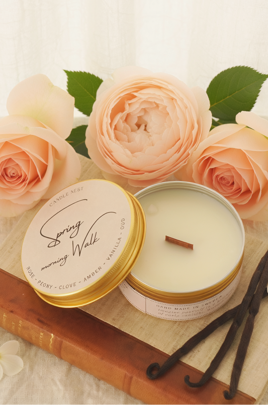 Ett doftljus i en rund guldfärgad burk av metall står på en bok. Boken är av linnetyg med en rygg i läder. Ljusets lock står lutad på ljuset på på det finns ljusets namn "Spring mornings walks" skrivet med snirklig text. Mitt i ljuset syns en veke av trä. Runt ljuset syns tre stora ljusrosa rosor, vaniljsstänger och två små vita blommor. Ljuset är mjukt och bilden ger ett romantiskt intryck. Bilden är tagen snett uppifrån.