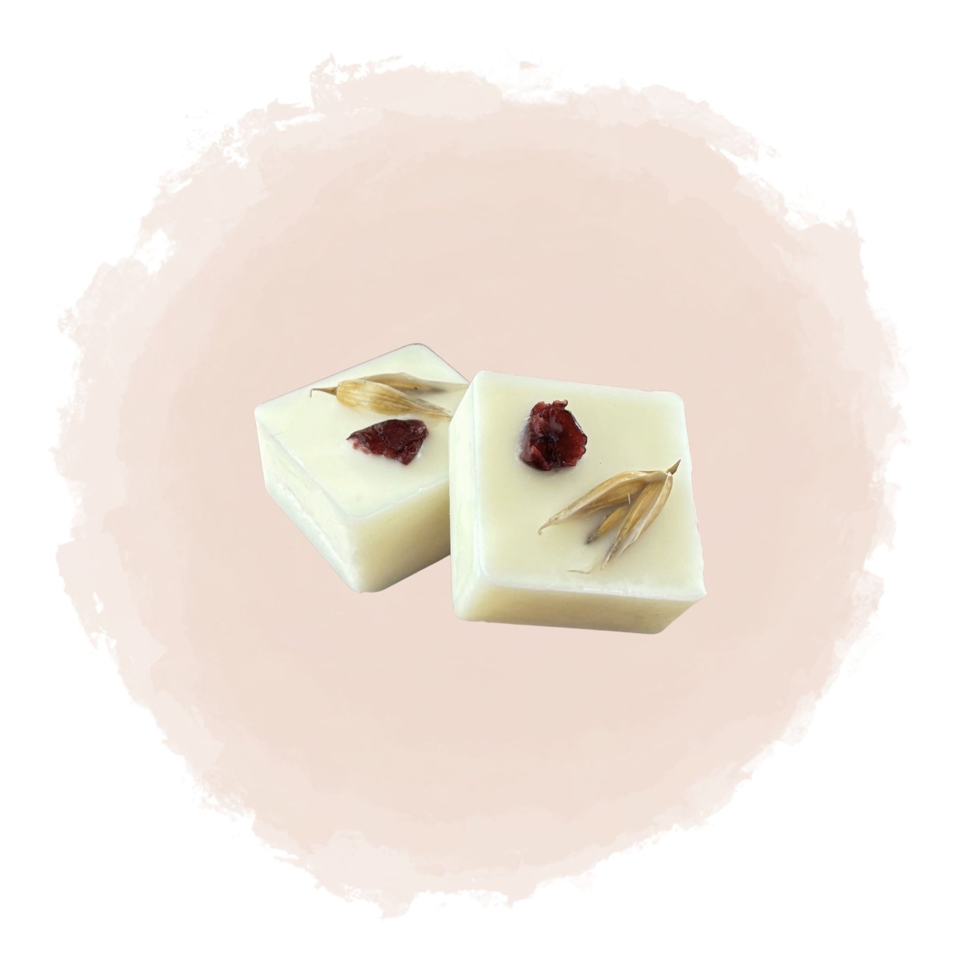 Två kubiska doftpraliner syns mot en beige bakgrund. Doftvaxen är dekorerade med skivor av torkad havre och tranbär.
