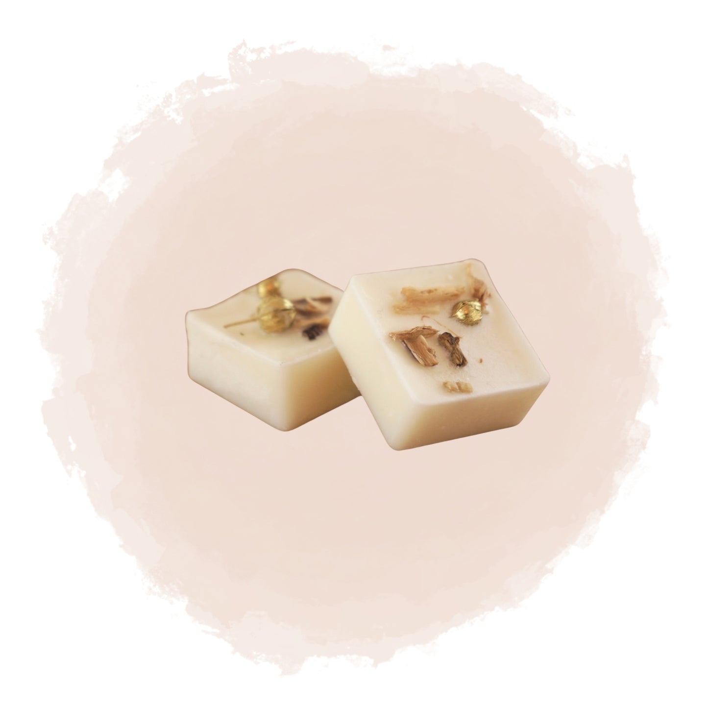 Kubisk doftprov med torkade kryddor och trädekorationer inbäddade i vitt vax