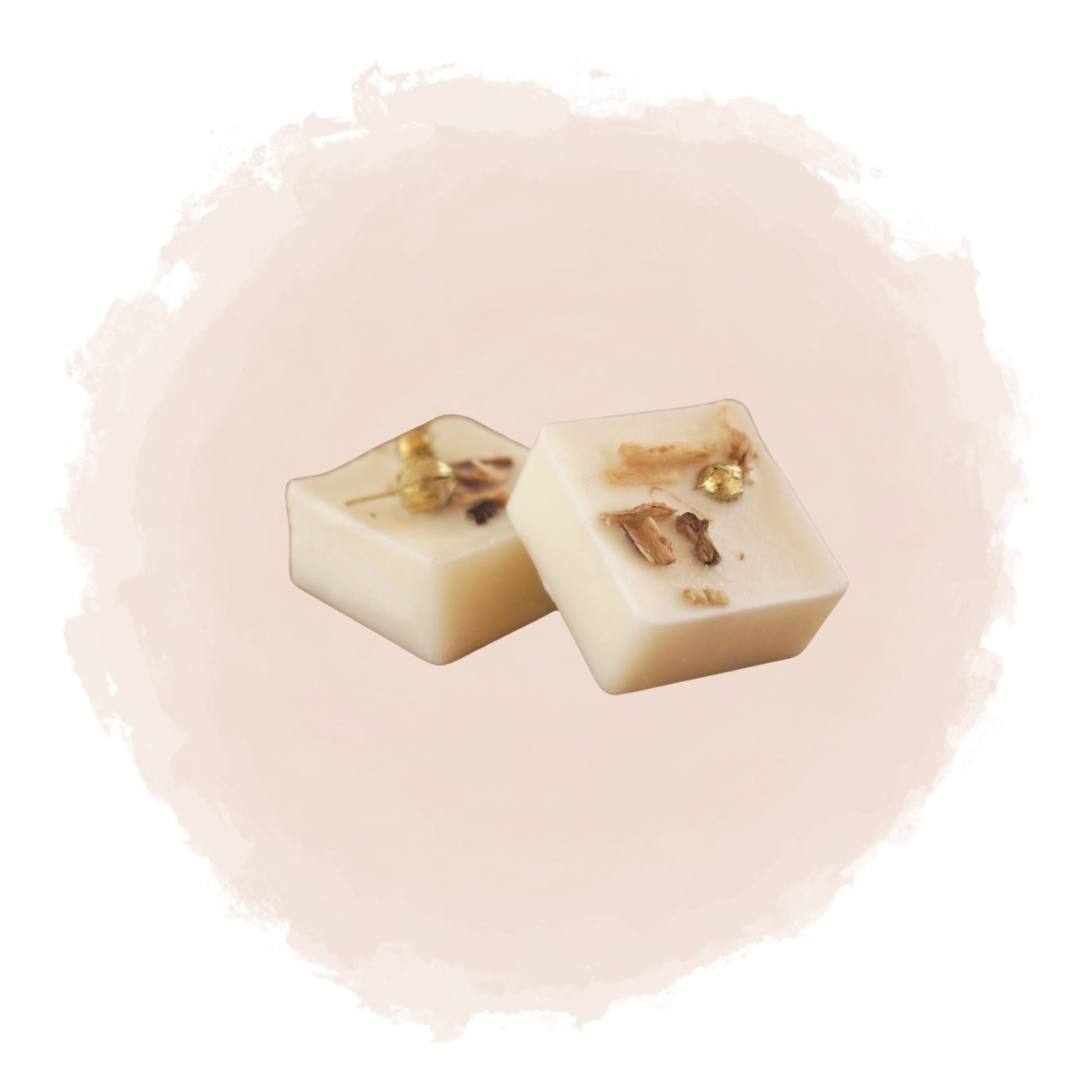 Kubisk doftprov med torkade kryddor och trädekorationer inbäddade i vitt vax