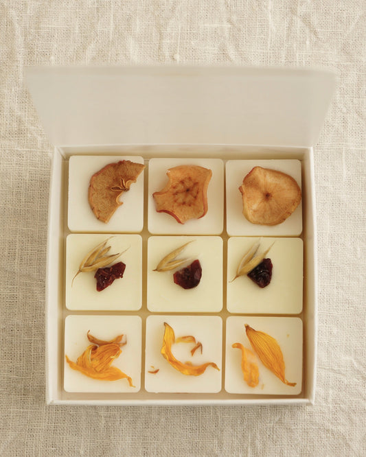 Candle nest ask med 9 doftpraliner (doftvax) står på en vit duk. De små kvadratisk vita vaxbitarna är dekorerade med torkade äpplen, nakenhavre, tranbär och torkade kronblad från solros. Bilden är tagen uppifrån. 